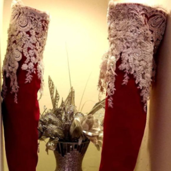 "FRANCES" Custom Red & White Beaded Lace OTK Boots - Picture 4 of 4